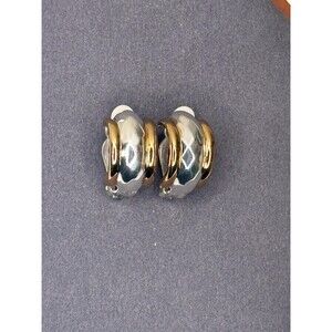 Vintage Givenchy Two Tone Dome Clip Earrings Gold Silver Ribbed Designer 90s